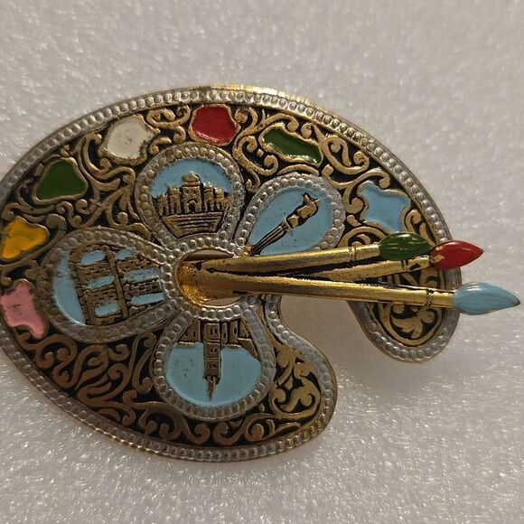 Damascene Pin Brooch Artist Palette Paint Brushes Vintage Enamel Spain - Picture 1 of 11